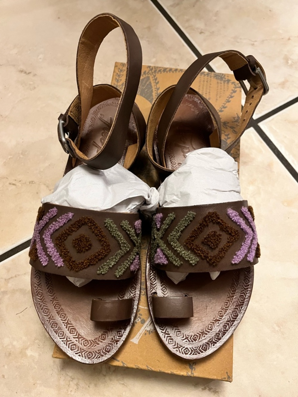 Free People Torrence Flay Sandal with Lavender and Sage embroidered strap. - Picture 5 of 7